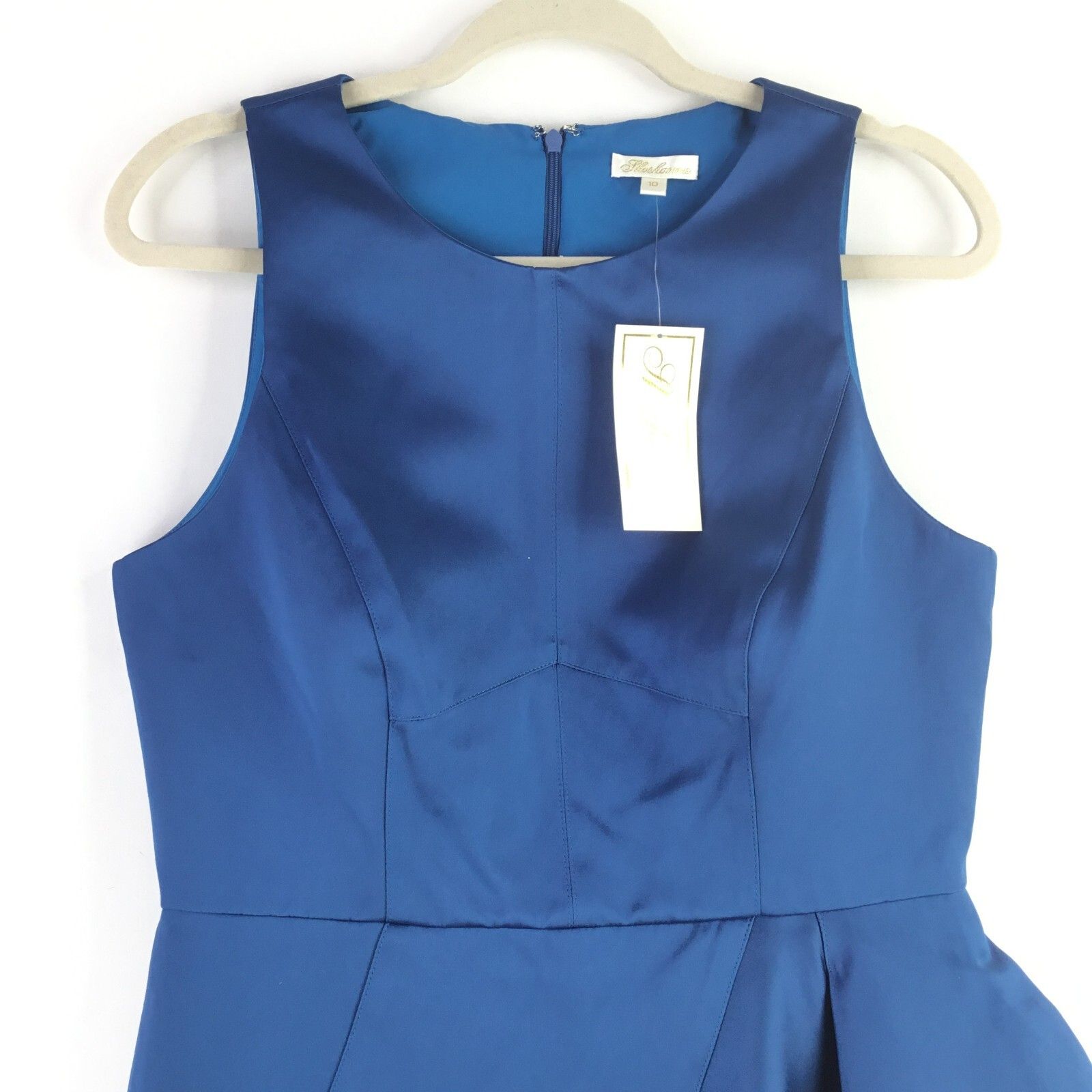 Shoshanna Elisa Dress Sz 10 Blue Satin Sheath Ruffle Cocktail Wedding Guest Nwt — image 8 of 8